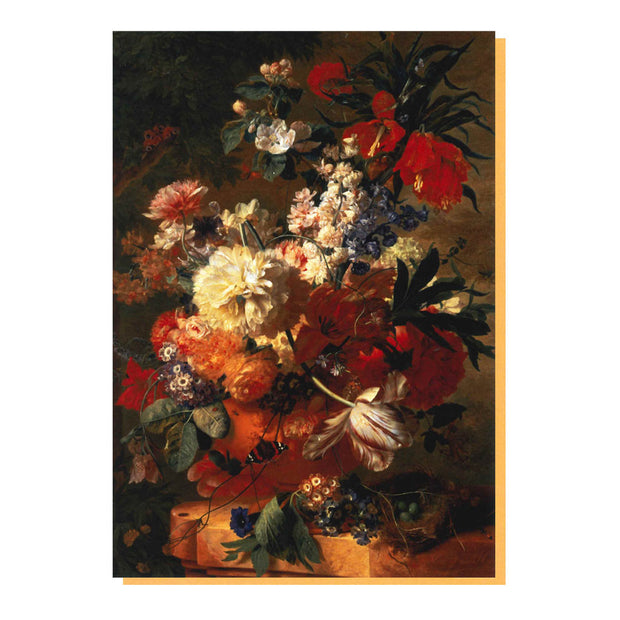A greetings card of Jan van Huysum's still life painting, Flowers in a Vase