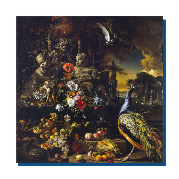 A greetings card of Jan Weenix's painting, Flowers on a Fountain with a Peacock
