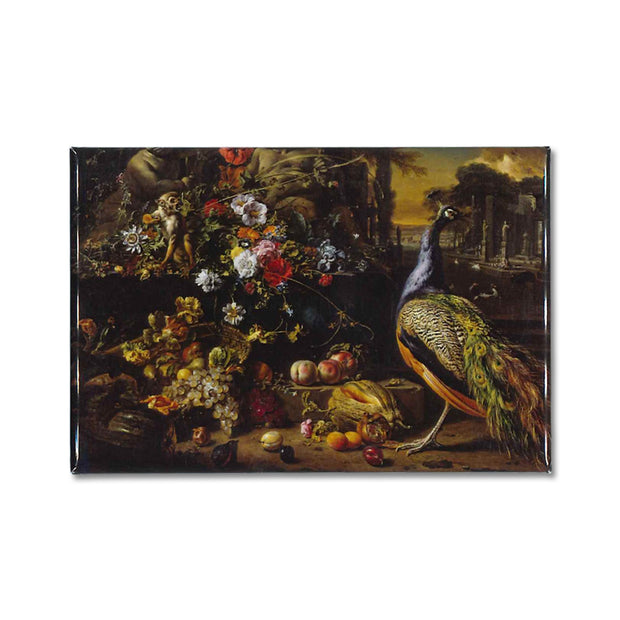 Jan Weenix's, Flowers on a Fountain with a Peacock printed on a souvenir magnet