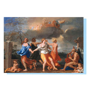 a Dance to the Music of Time by Nicolas Poussin greetings card showing the front and reverse image.