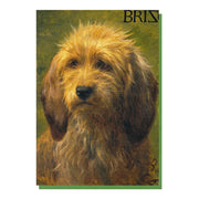 a front and reverse view of a greetings card depicting the painting, Brizo, a sherpherd's dog by Rosa Bonheur