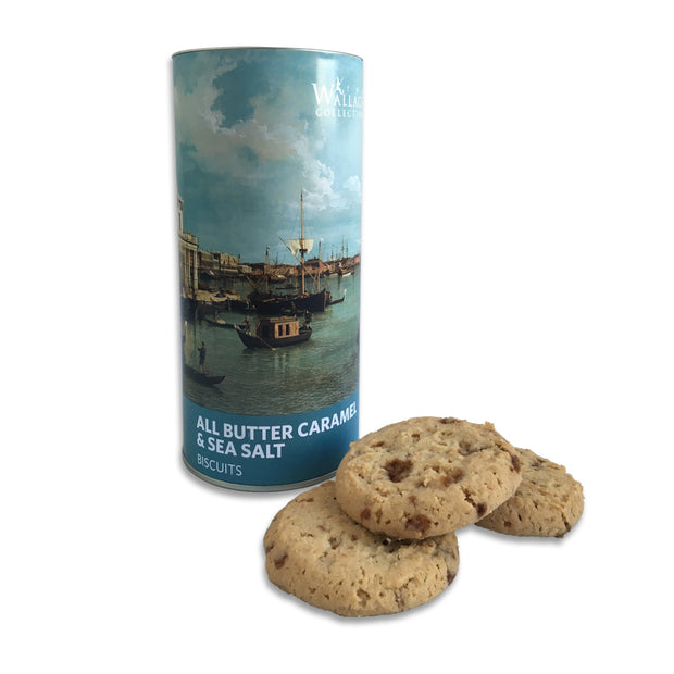 a tube tin of all butter caramel and sea salt biscuits from the Wallace Collection