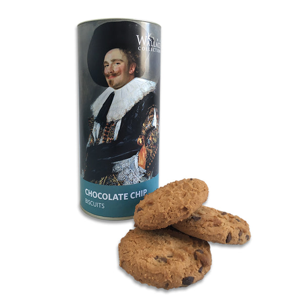 a tube of chocolate chip biscuits with a label design inspired by a painting titled, the Laughing Cavalier by Frans Hals. 