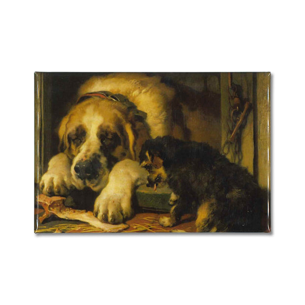 a painting by Edwin (Charles) Landsweer titled, Doubtful Crumbs reproduced onto a fridge magnet