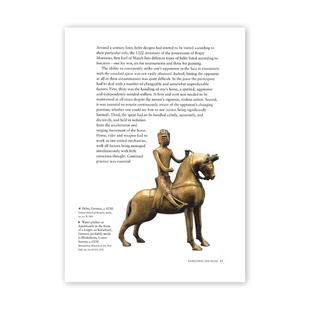 Page 23 from the title, Arms and Armour of the Medieval Joust with an image of a water pitcher in the form of a knight on horseback