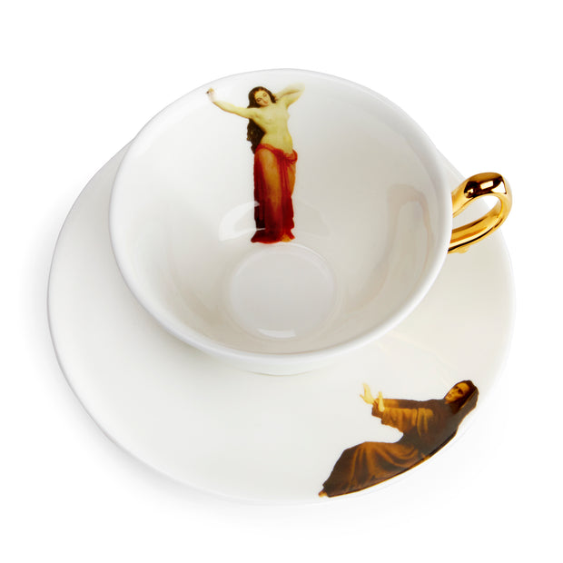 The Temptation Collection, Tea Cup and Saucer set by Melody Rose for the Wallace Collection. Made in the UK, in Fine Bone China with a hand-gilded finish. Overhead, top view