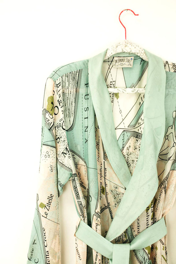 Venice Map Dressing Gown from One Hundred Stars. Front Crop Detail Image. As seen on Nigella Lawson, At My Table.