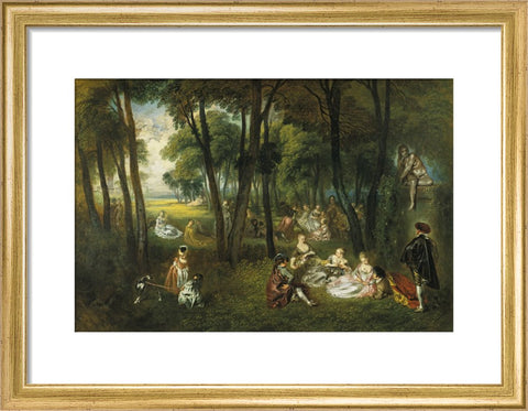 Fête galante in a wooded lanscape with the sculpture of a seated nude woman print