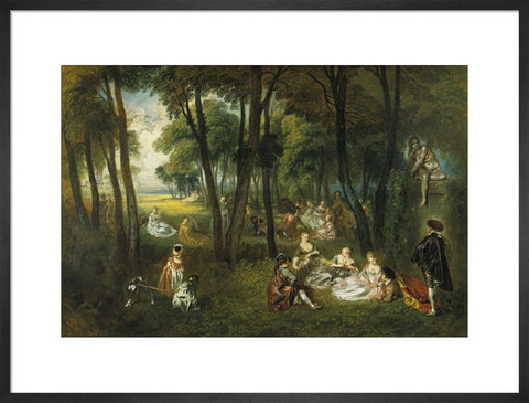 Fête galante in a wooded lanscape with the sculpture of a seated nude woman print